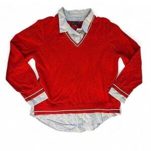 Tommy Hilfiger Women's Red Sweater W/ Blue Striped Collar & Cuffs Size XL Twee